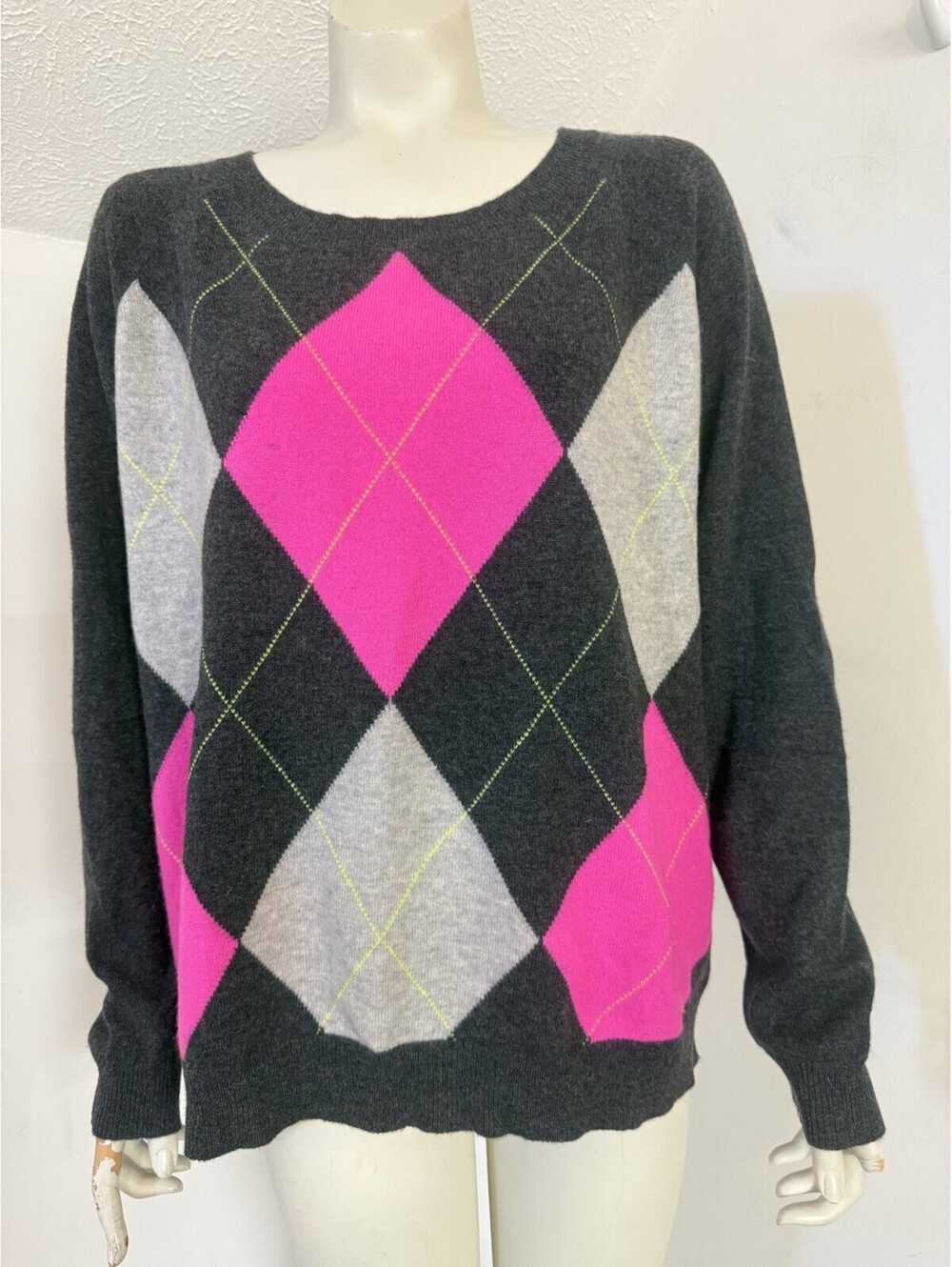 Apt 9 Cashmere Sweater Womens XL Charcoal Grey Pink Argyle Long Sleeves